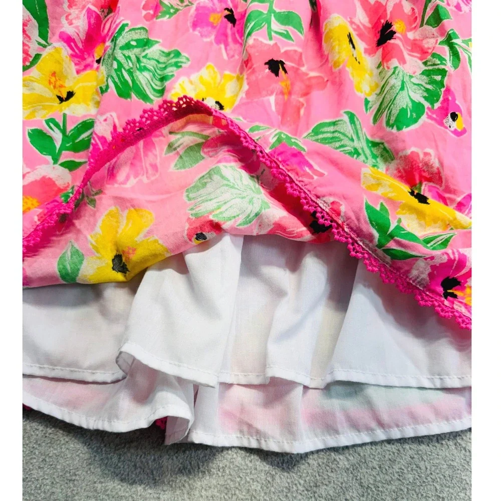 Tommy Bahama Tropical Floral Sundress Size 4 Pink Toucan Parrot Crochet Trim